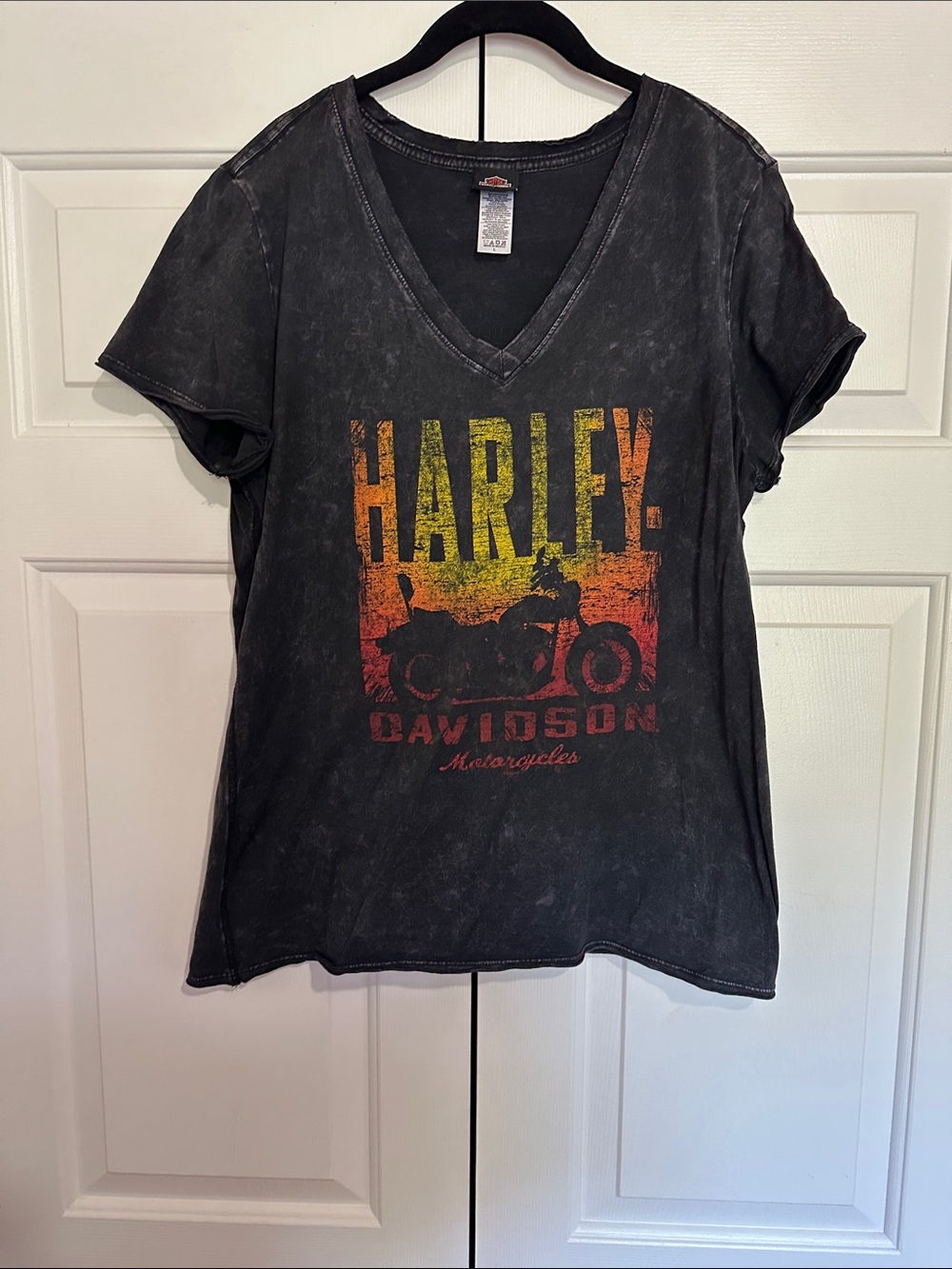 Harley-Davidson Black V-Neck Tee with Yellow-Orange-Red Motorcycle Graphic